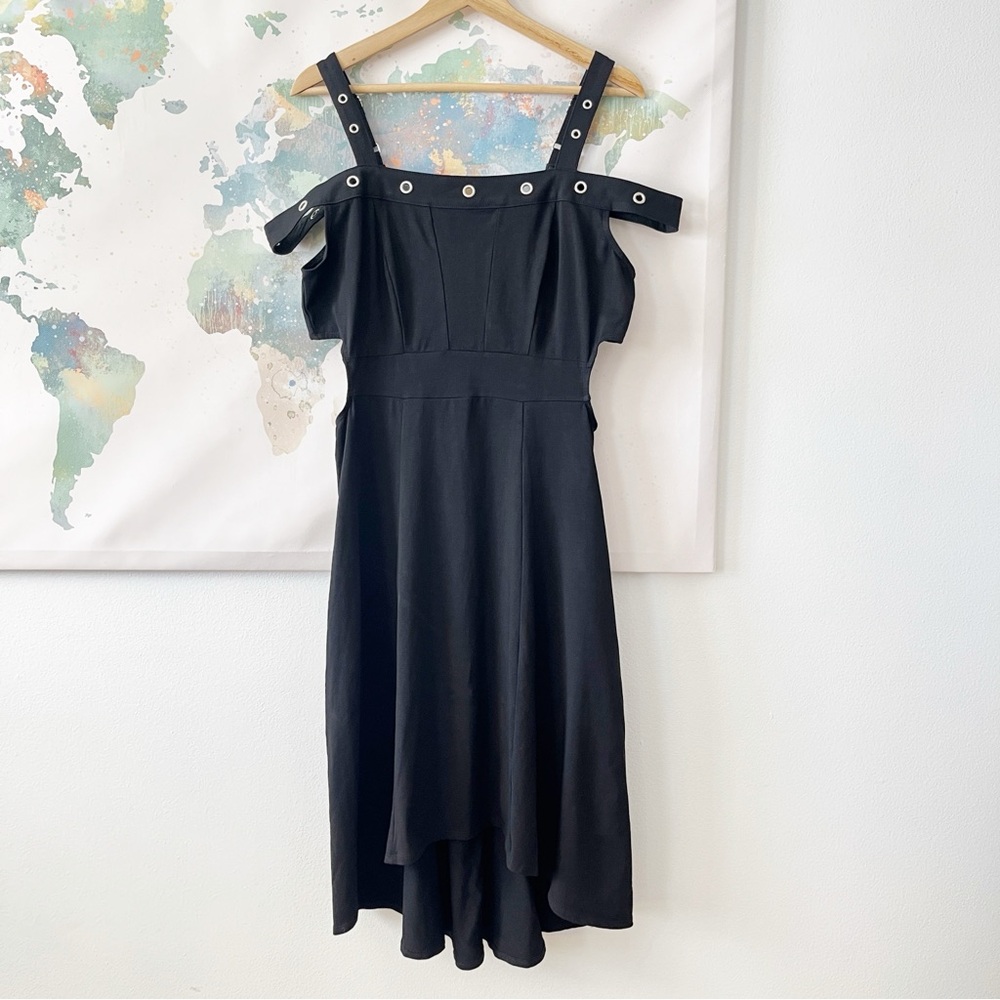 Tripp NYC Dress Grommet Hi Low Hem Size Large Black Cold Shoulder Goth NWT